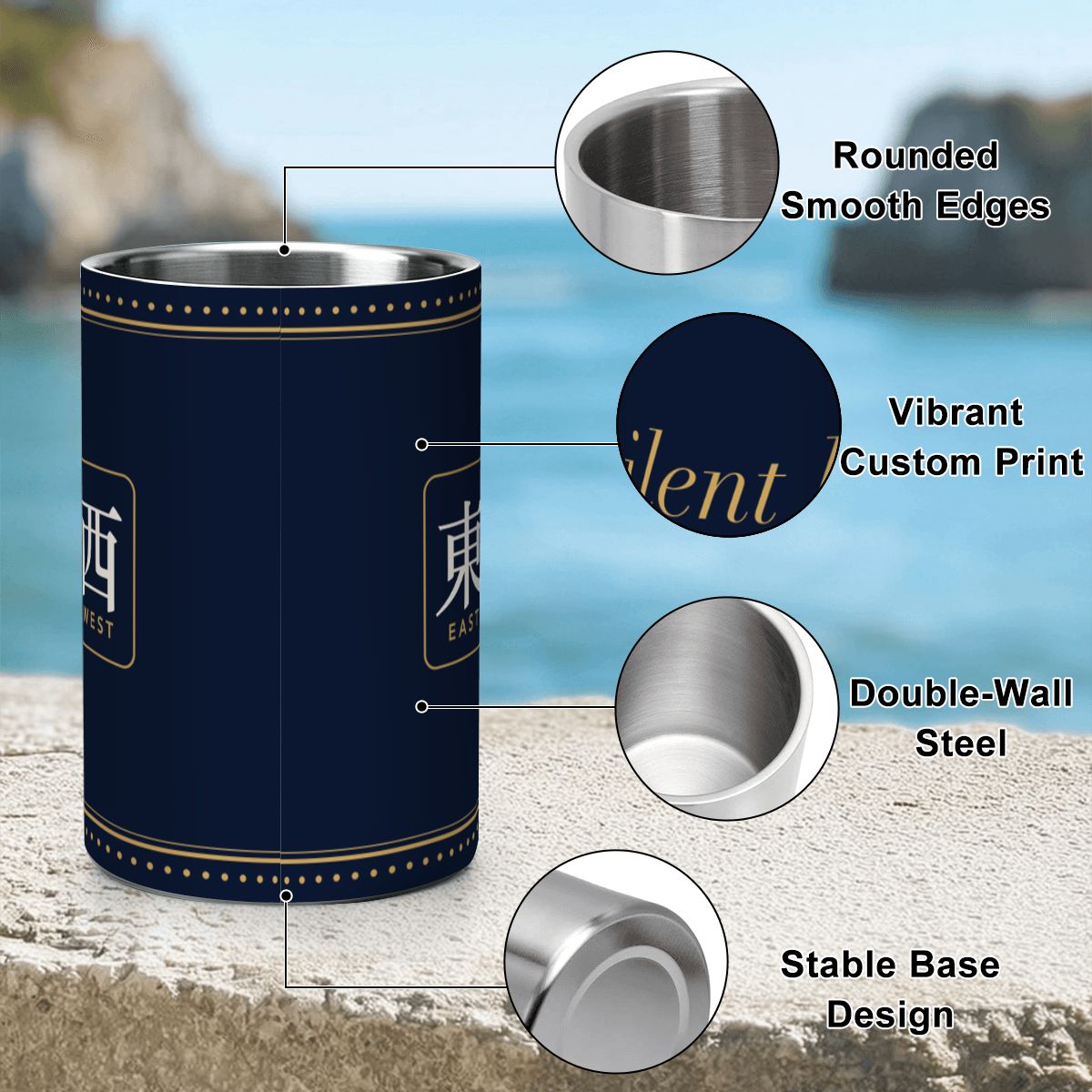 Wine chiller features: double-wall steel, rounded edges, stable base