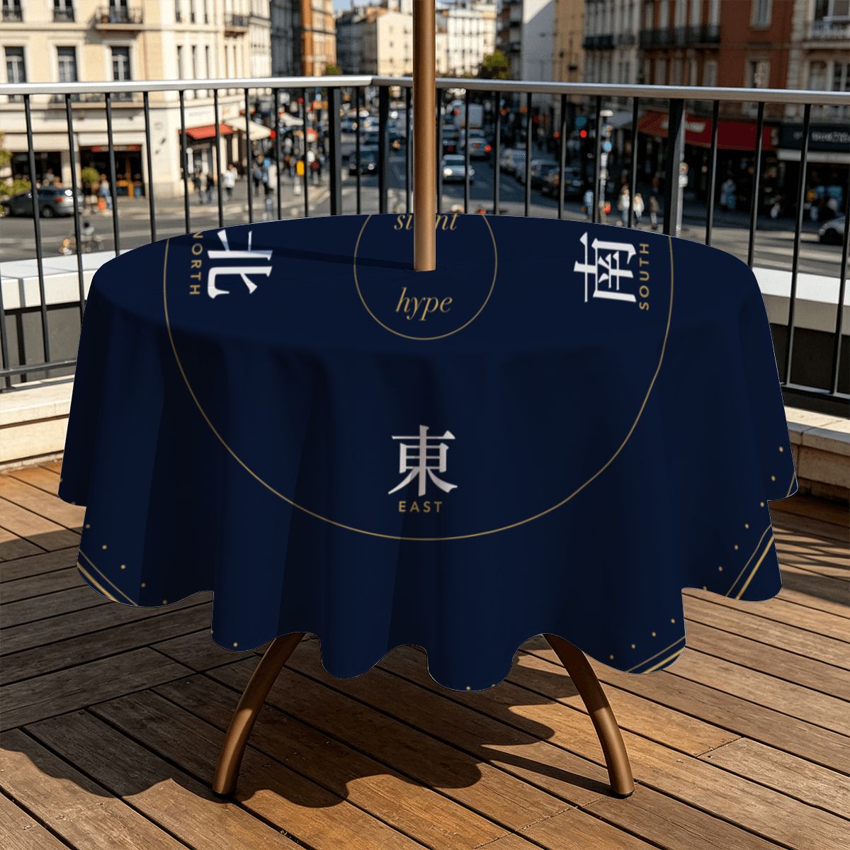 Round mahjong tablecloth on a balcony table