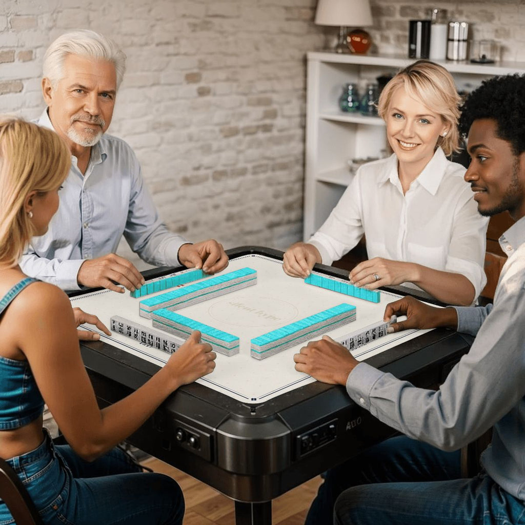 Mahjong game on the cream mat at a card table