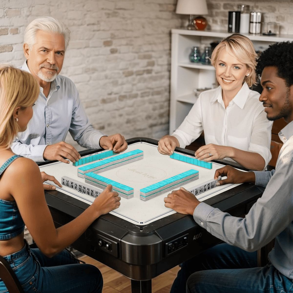 Mahjong game on the cream mat at a card table