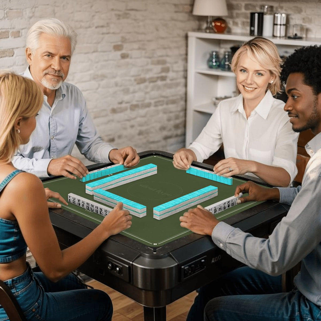 Mahjong game on the olive mat at a card table