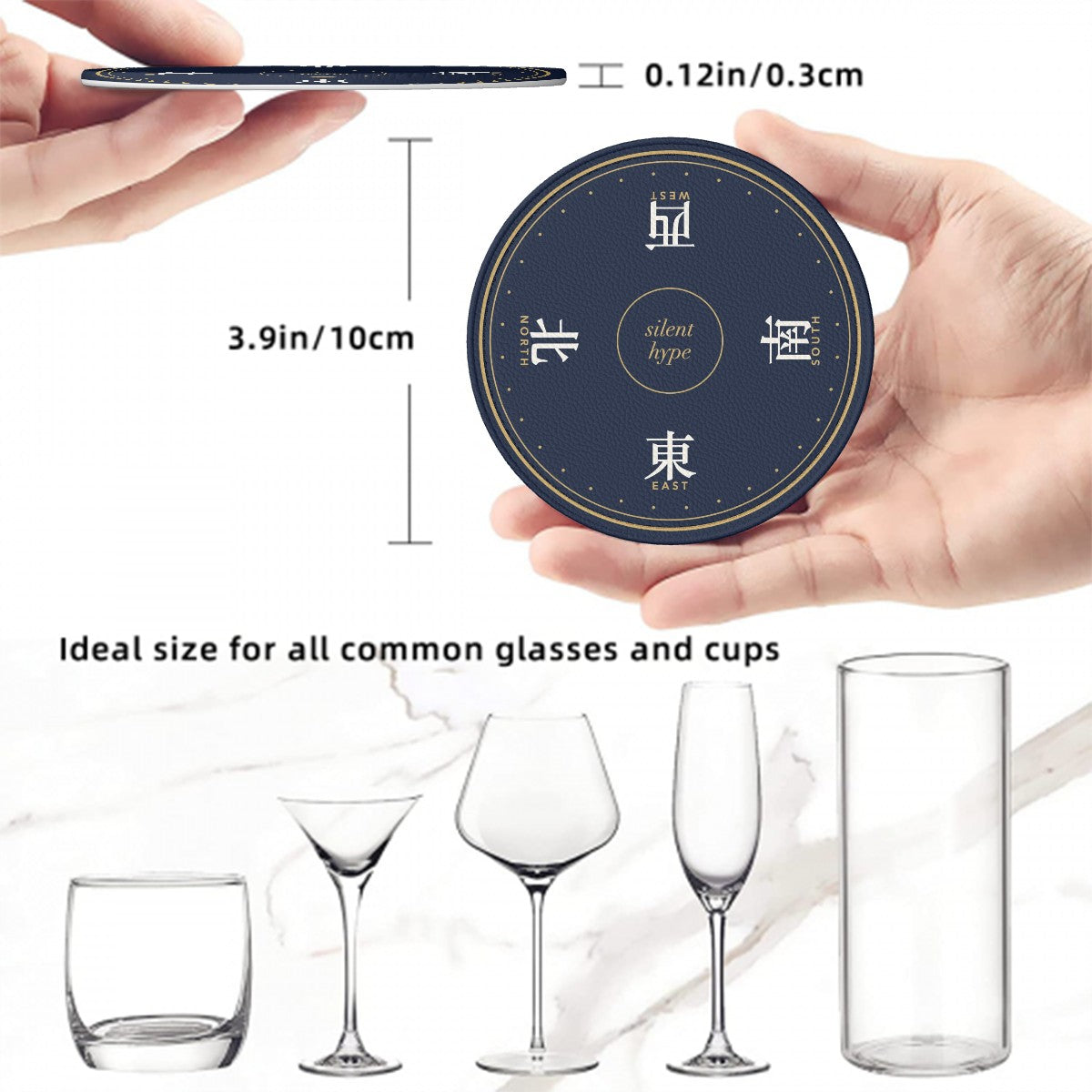 Coaster size: 10 cm across, fits most glasses