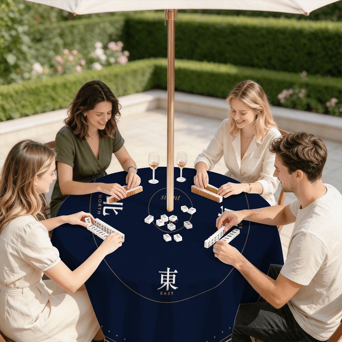 Playing mahjong outdoors on the navy tablecloth