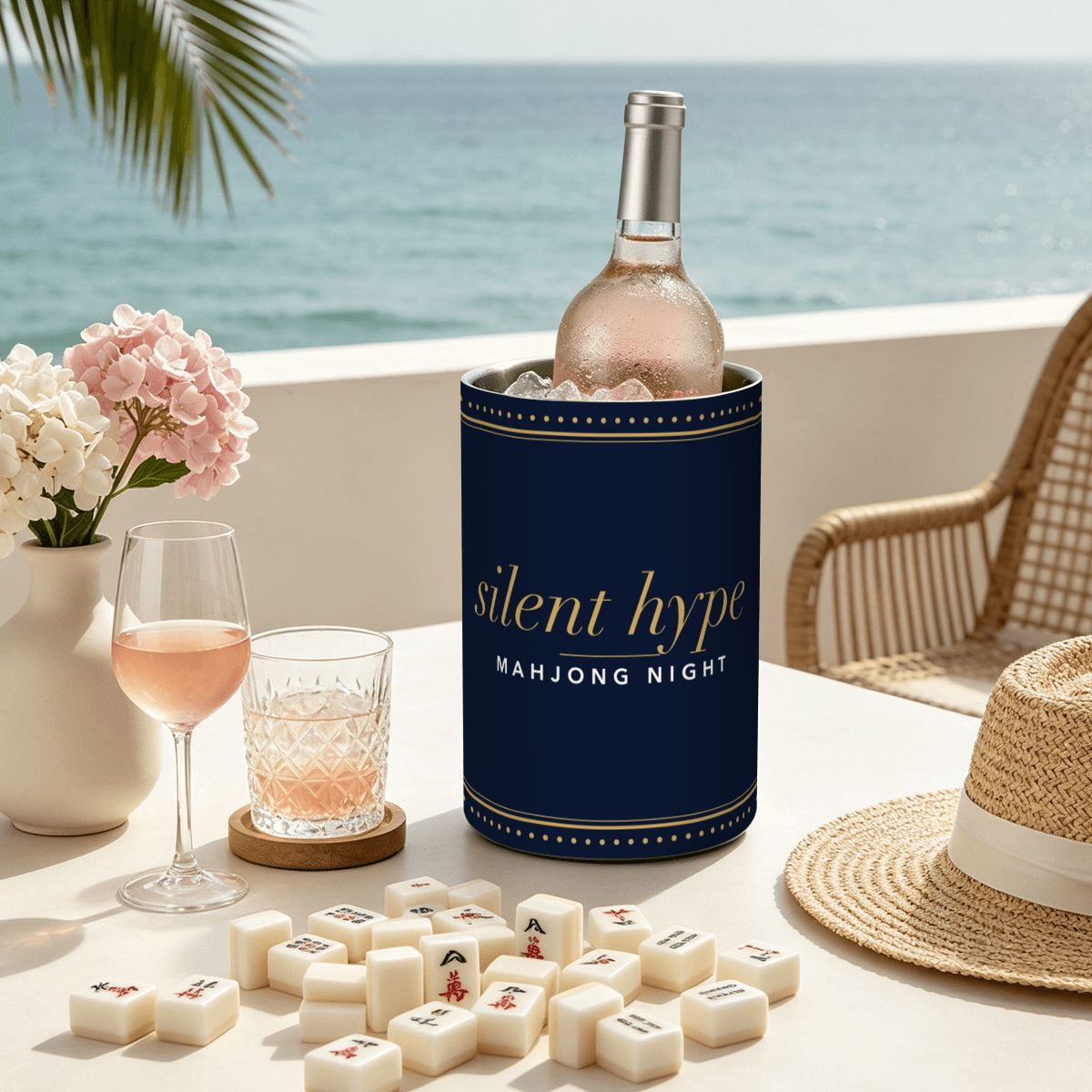 Navy mahjong night wine chiller with a bottle of rosé and mahjong tiles