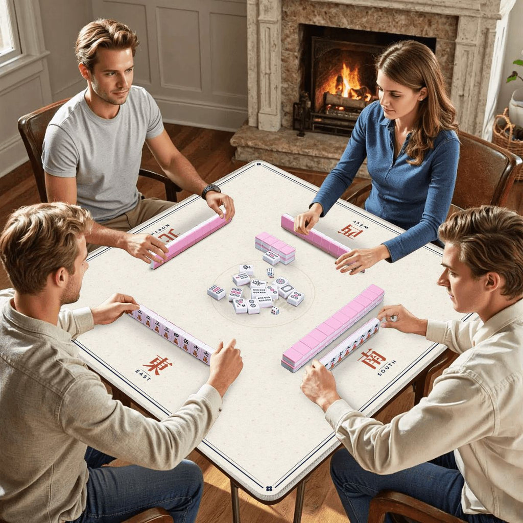 Four friends playing mahjong on the cream seat winds mat