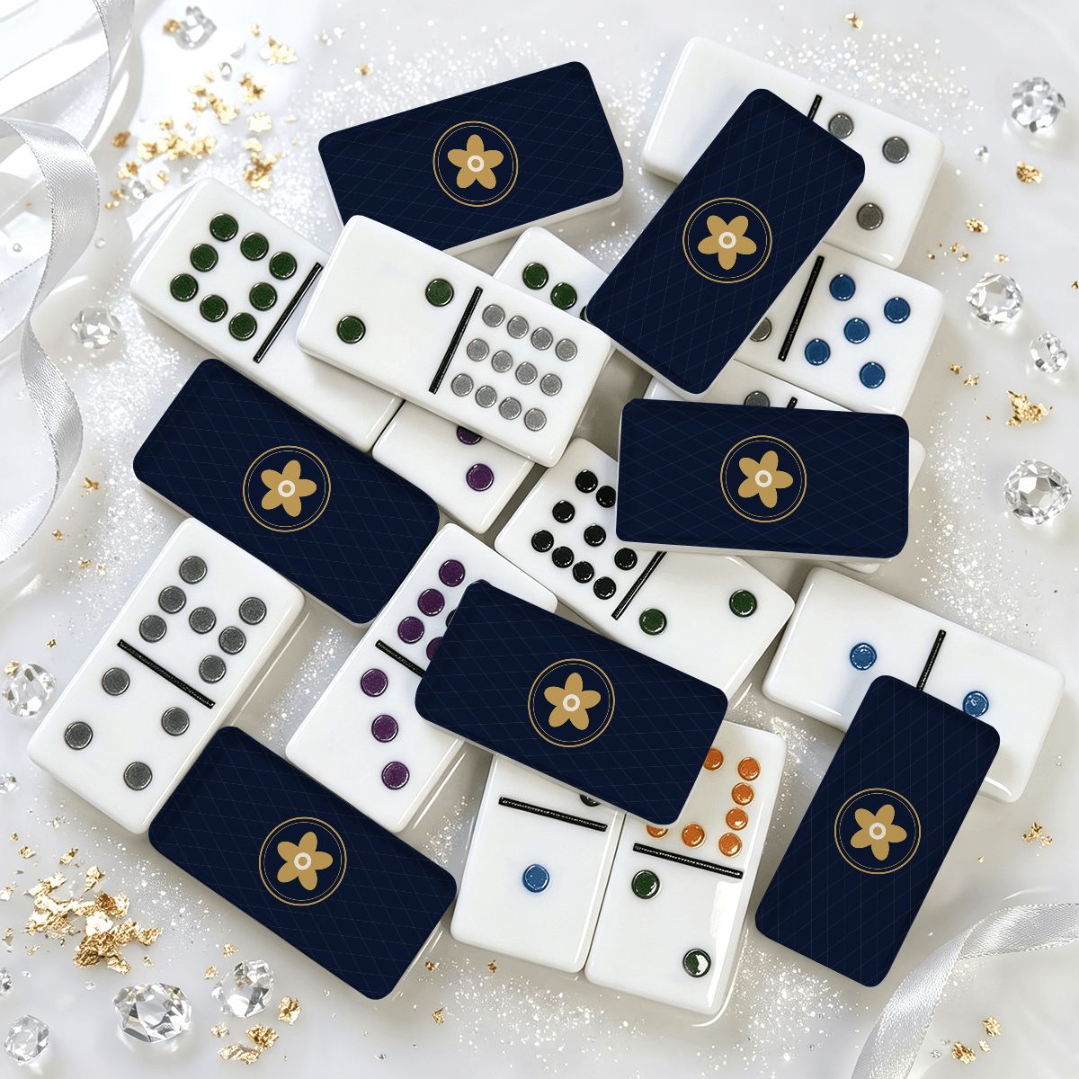 Navy domino backs with a gold flower
