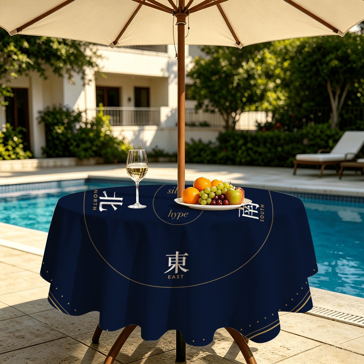Navy seat winds mahjong tablecloth on a garden table with an umbrella