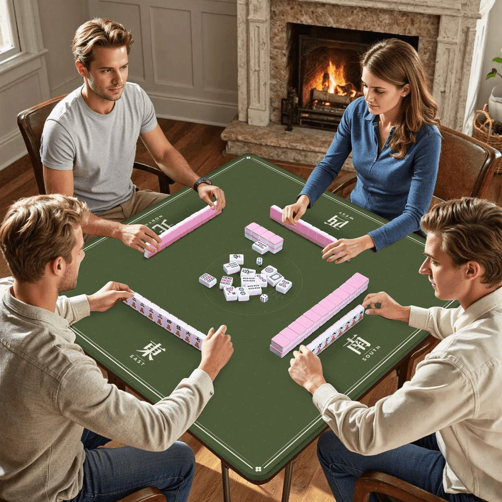 Four friends playing mahjong on the olive seat winds mat