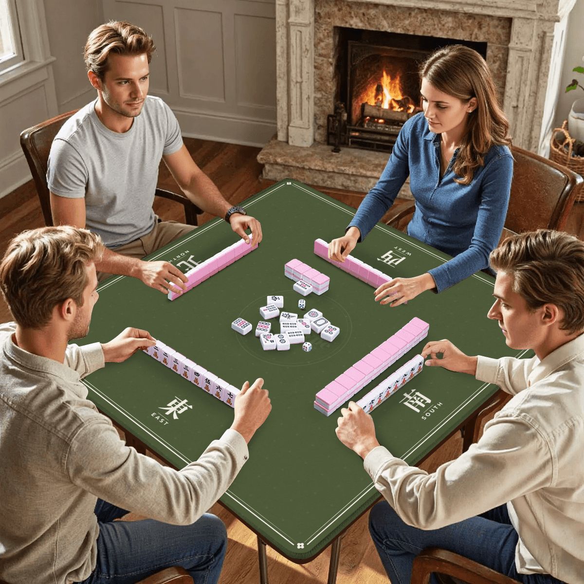 Four friends playing mahjong on the olive seat winds mat