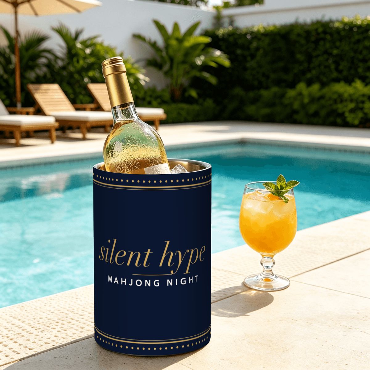 Navy wine chiller by a pool with a bottle of white wine