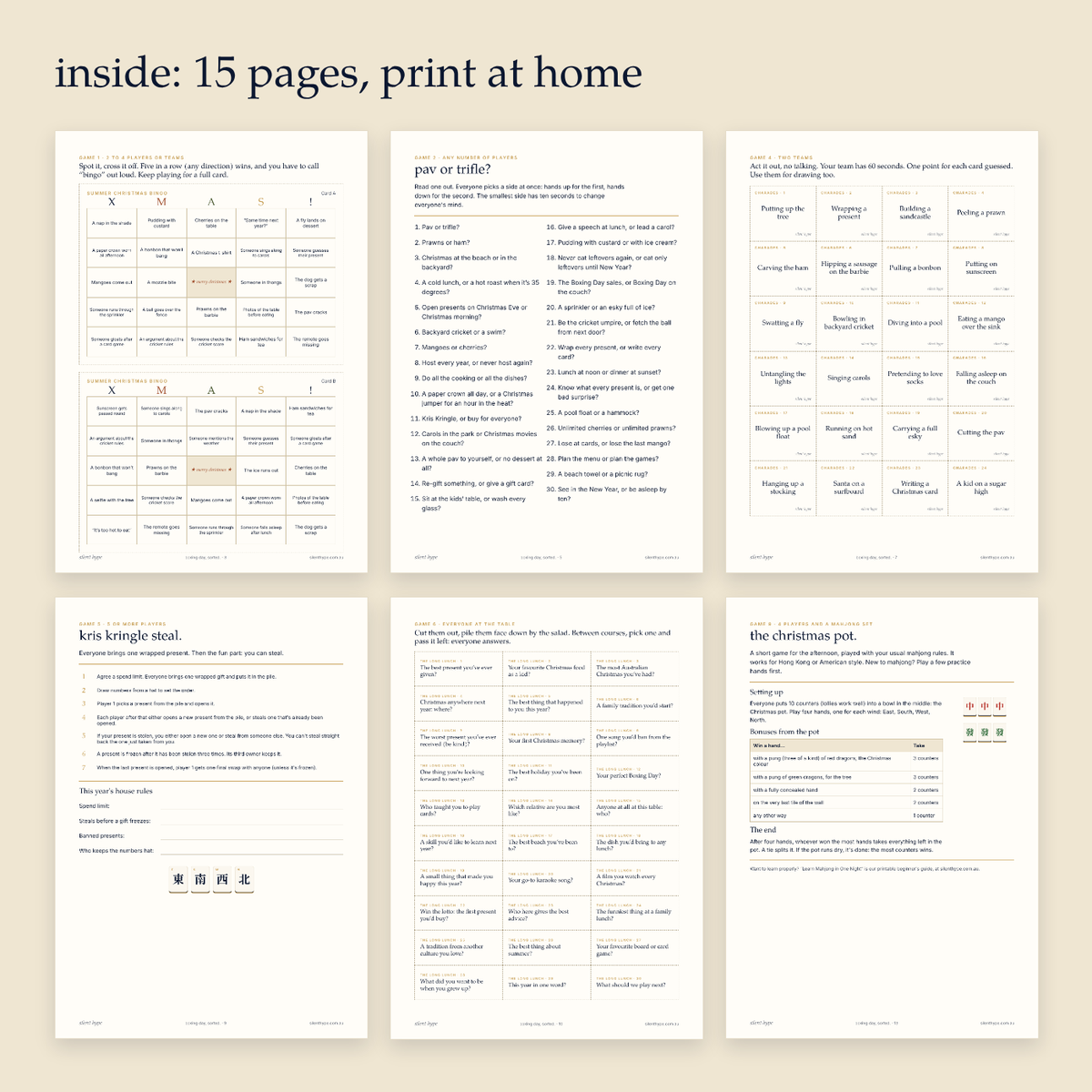 Inside the Boxing Day, Sorted printable game pack: bingo, charades and Kris Kringle pages