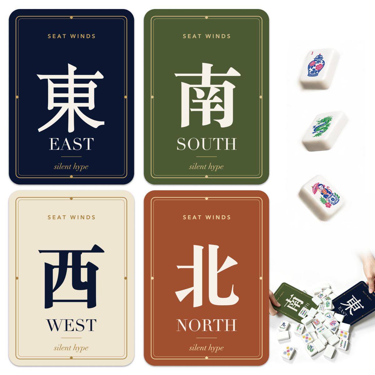 Seat winds mahjong shuffler cards: East, South, West and North