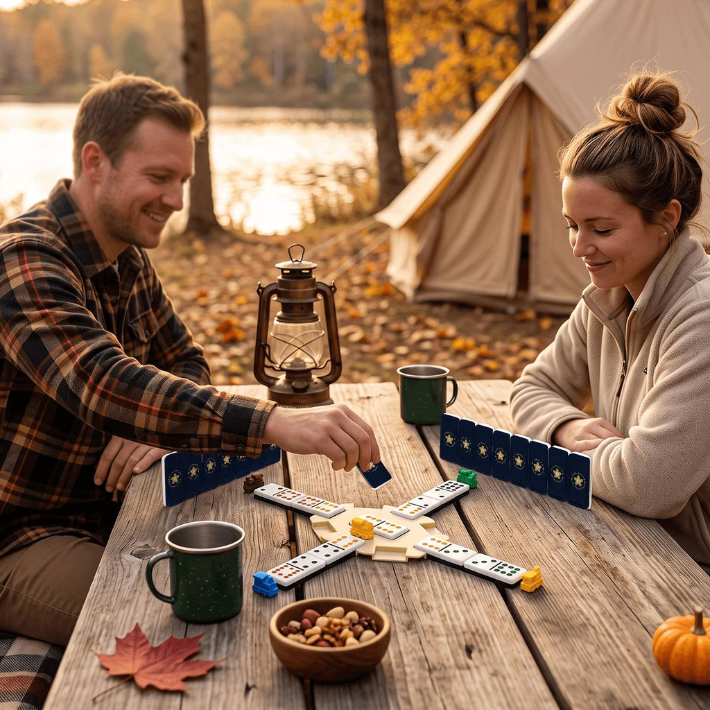 Playing Mexican Train dominoes outdoors