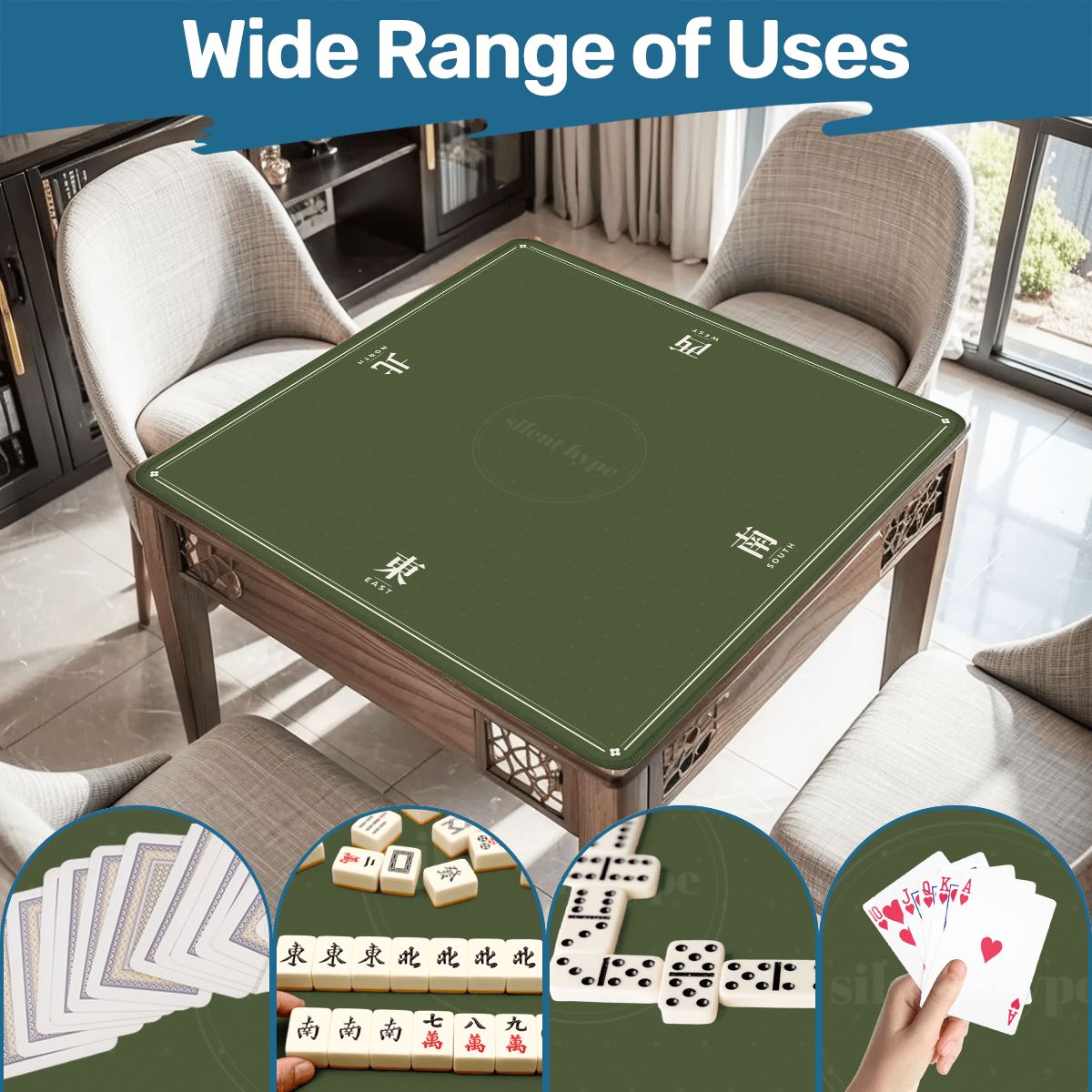 Olive mahjong mat on a square games table
