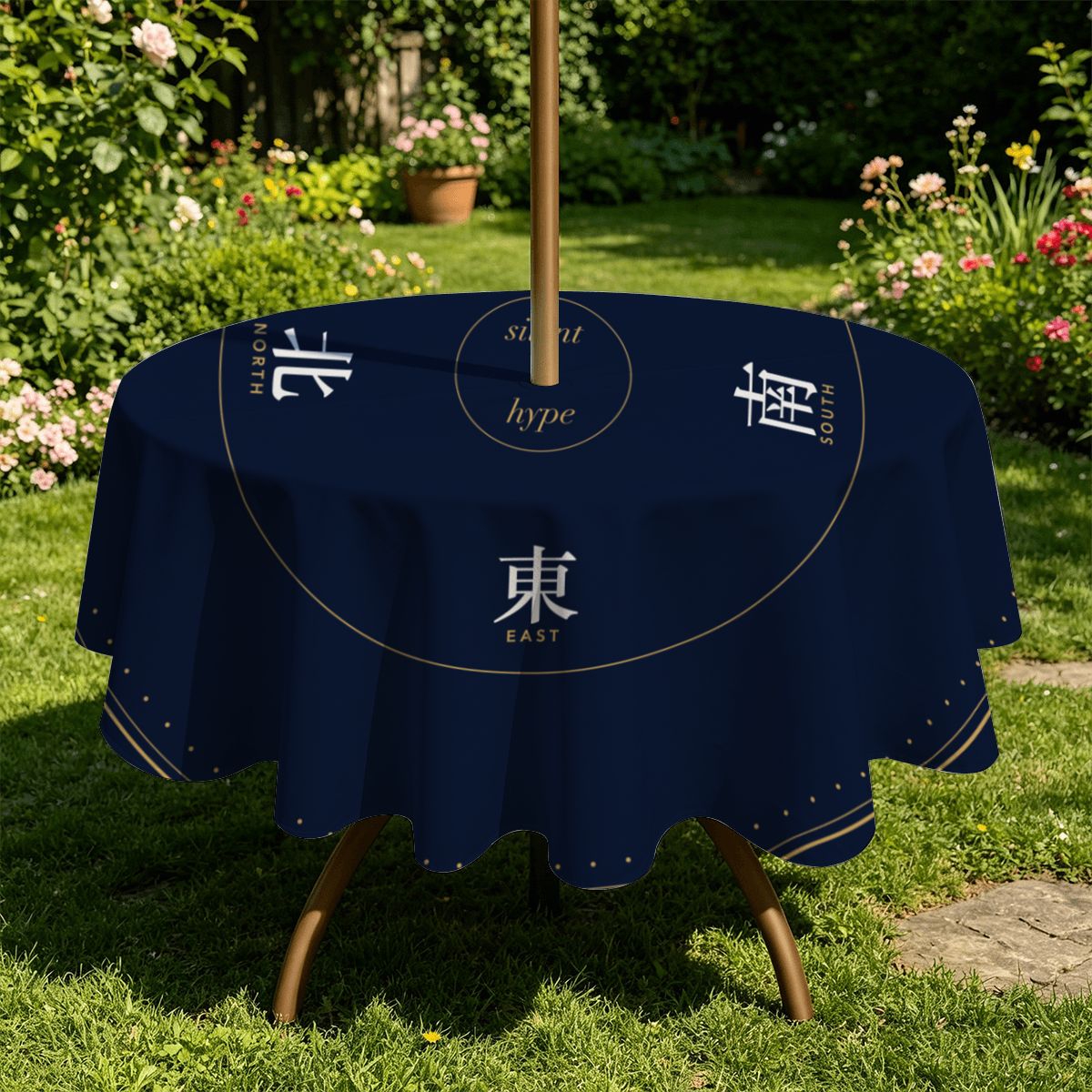 Seat winds tablecloth by a pool