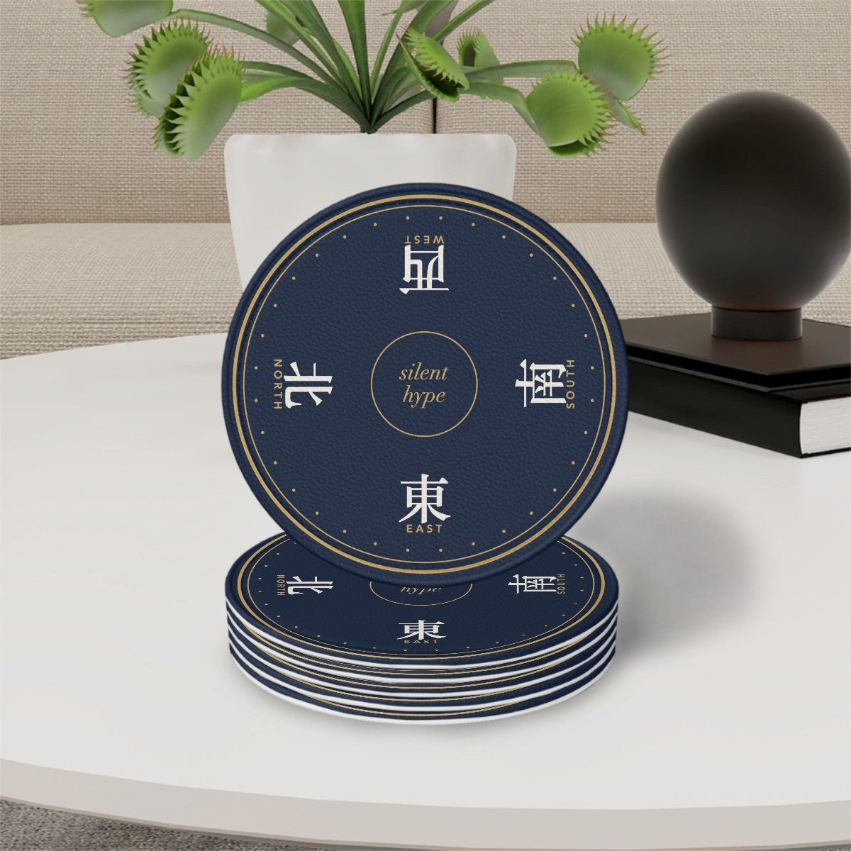 Stack of navy seat winds coasters on a side table