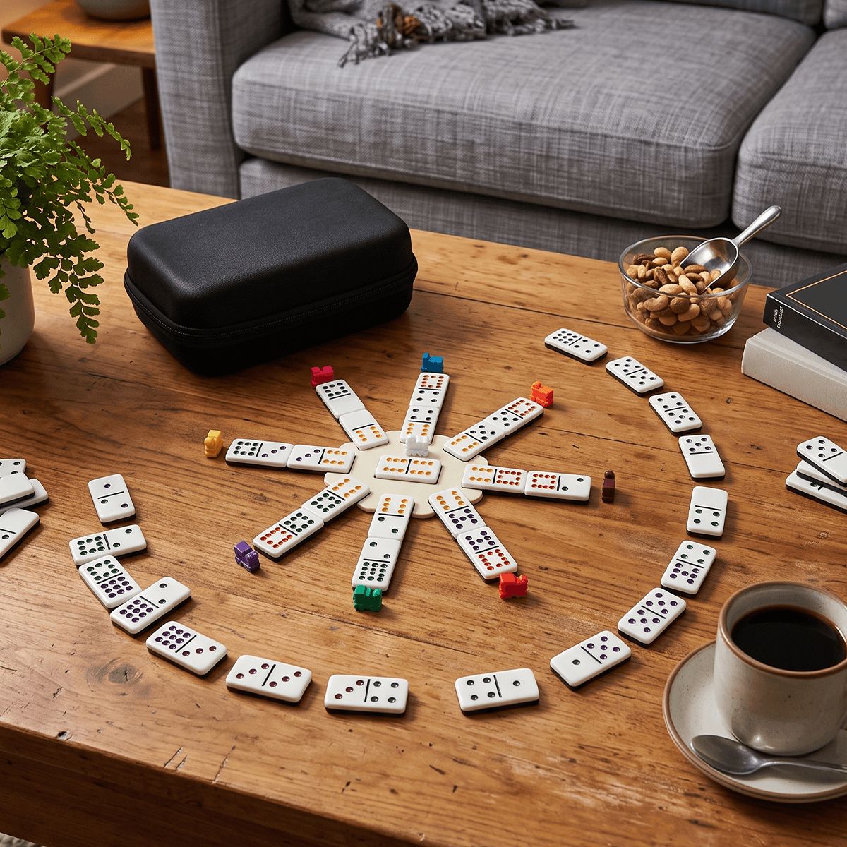 Mexican Train game laid out on a coffee table