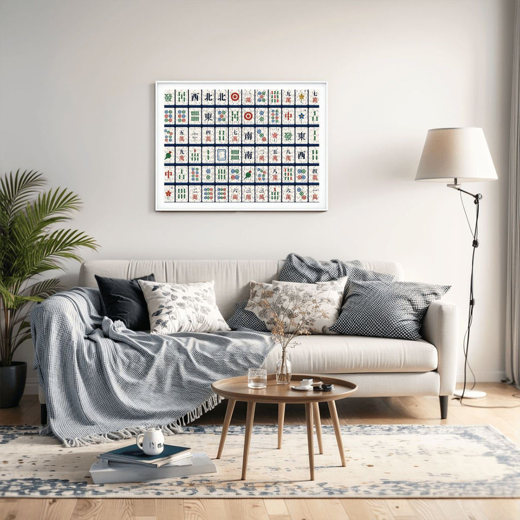 Finished mahjong tiles puzzle framed above a sofa