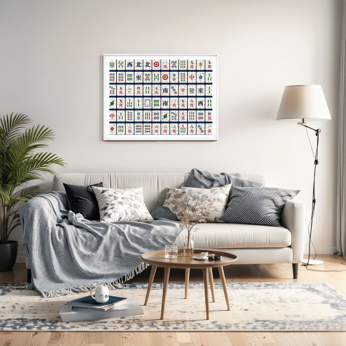 Finished mahjong tiles puzzle framed above a sofa