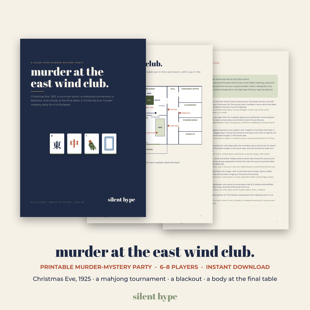 Murder at the East Wind Club printable murder-mystery party cover